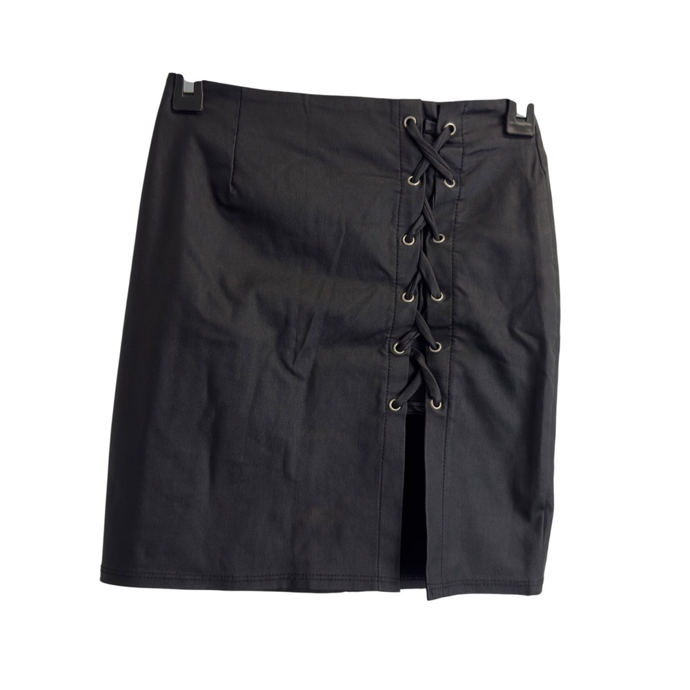 Windsor Black Lace Up Front Slit Mini Skirt Size S Stretch Made in USA